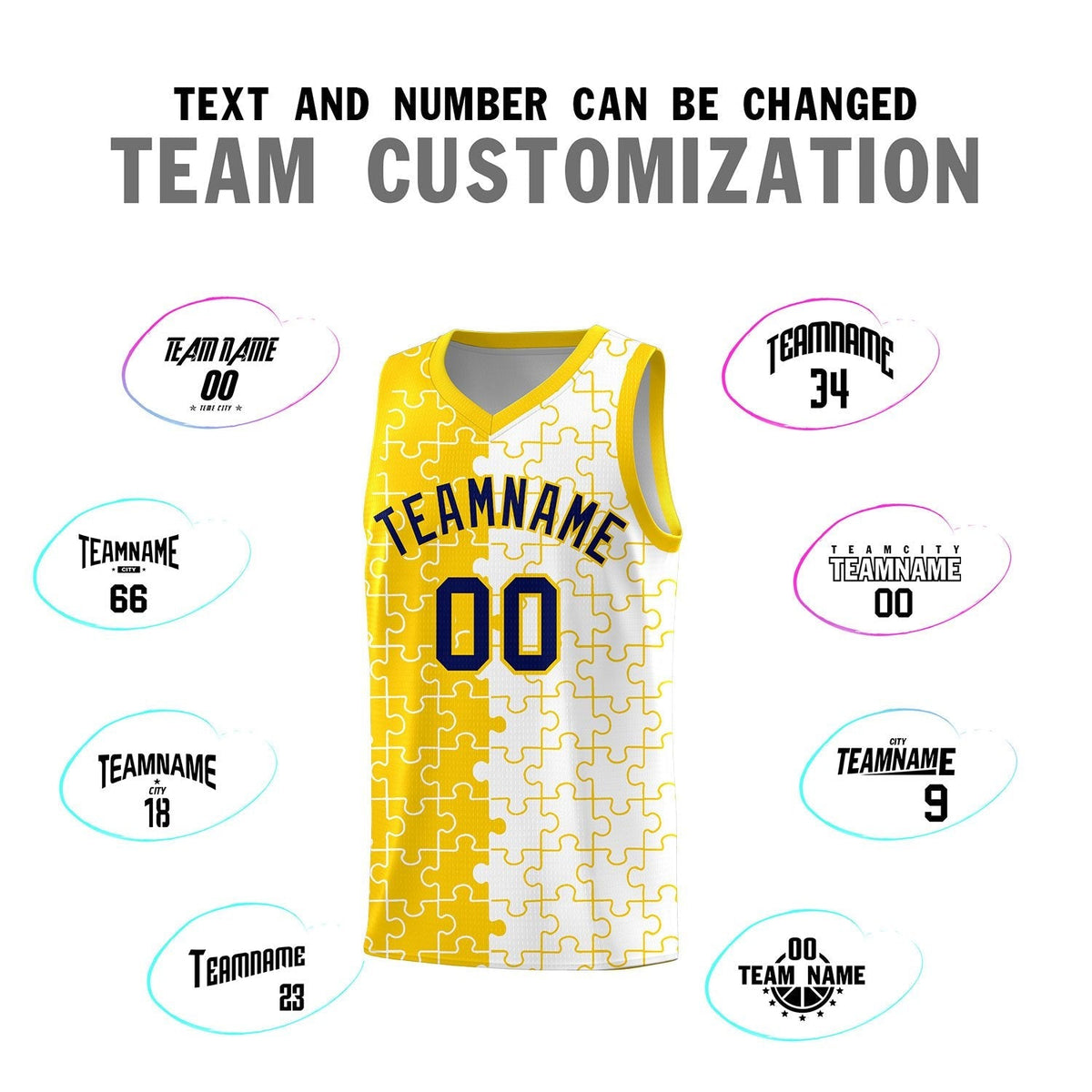 Custom Youth Basketball Jersey Gold White Puzzle Pattern Add Name, Number &amp; Team Logo