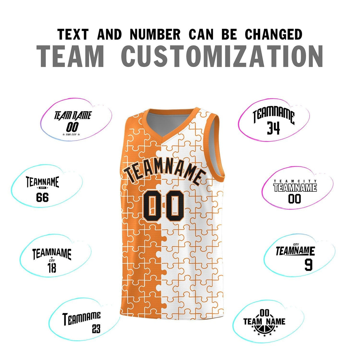 Custom Youth Basketball Jersey Gold Orange White Puzzle Pattern Breathable Team Uniform