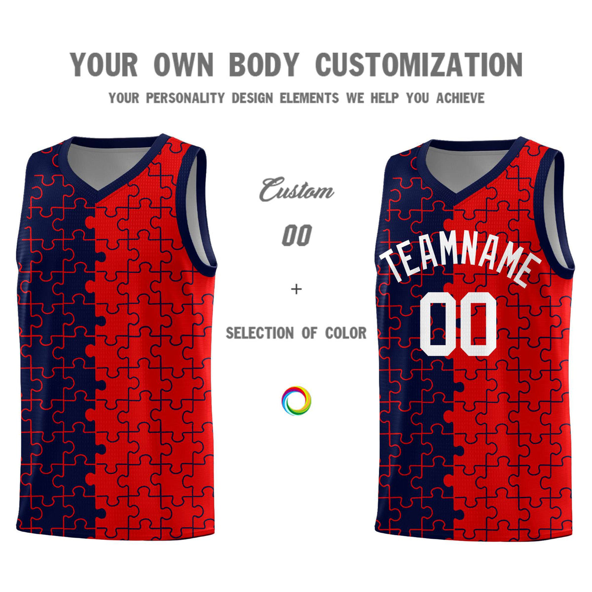 Custom Youth Basketball Jersey Navy Red Puzzle Pattern Personalized Team Uniform