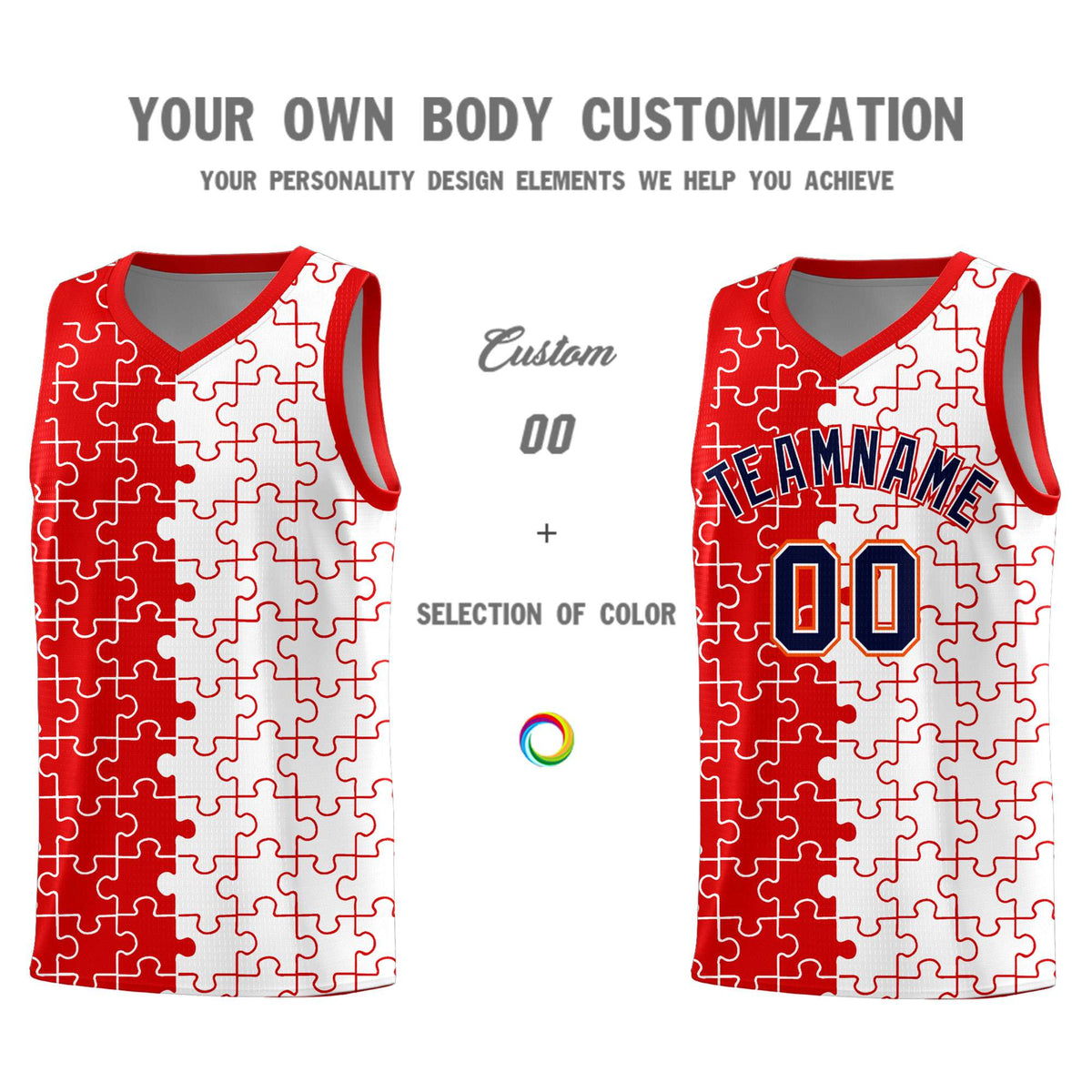 Custom Youth Basketball Jersey Red White Puzzle Pattern Add Name, Number &amp; Team Logo