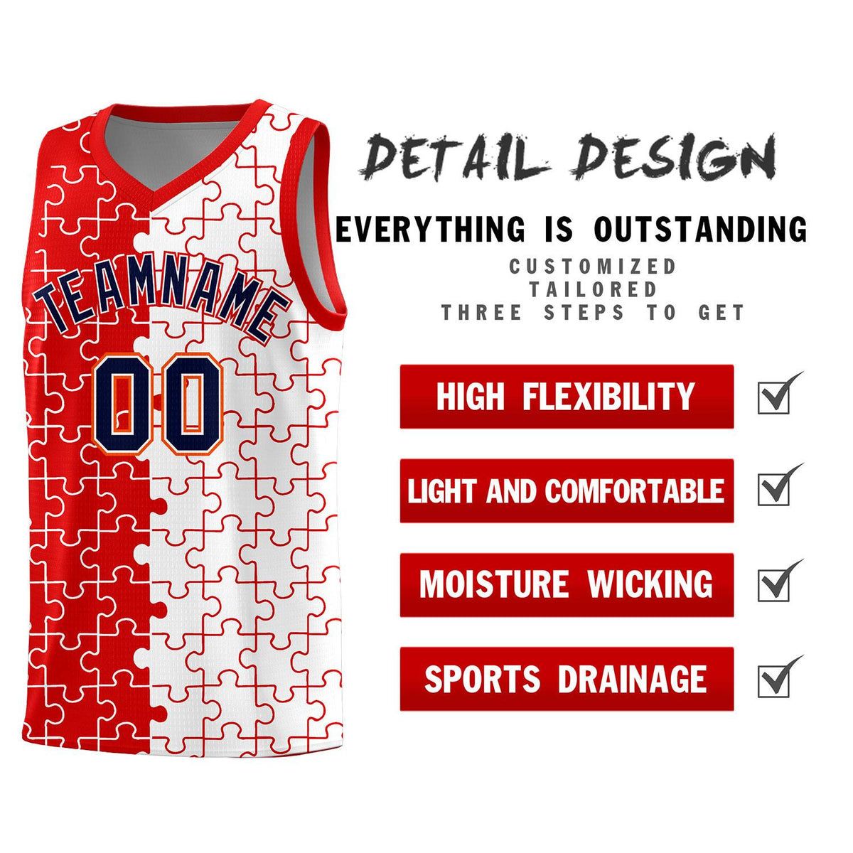 Custom Youth Basketball Jersey Red White Puzzle Pattern Add Name, Number &amp; Team Logo