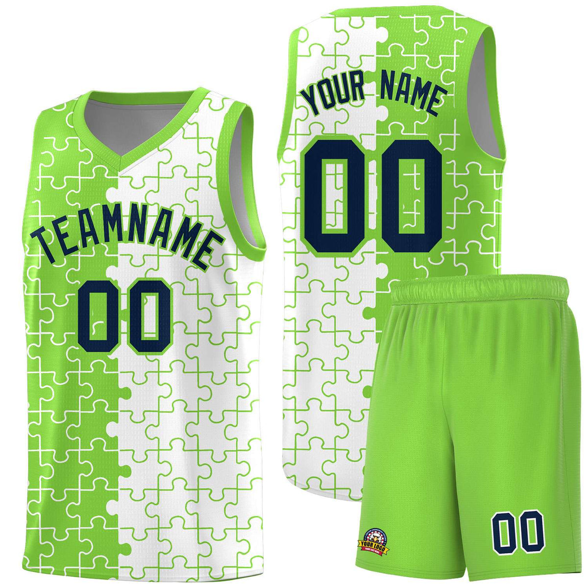 Custom Youth Basketball Jersey Fluorescent Green White Puzzle Pattern Personalized Team Uniform