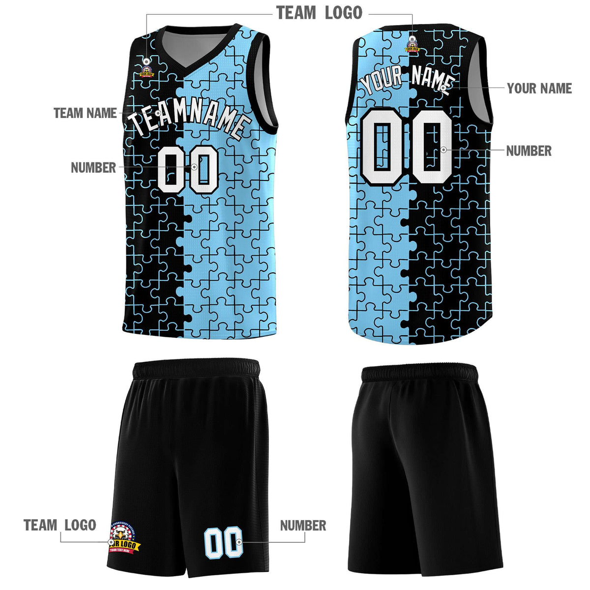 Custom Youth Basketball Jersey Black Light Blue Puzzle Pattern Add Name, Number &amp; Team Logo