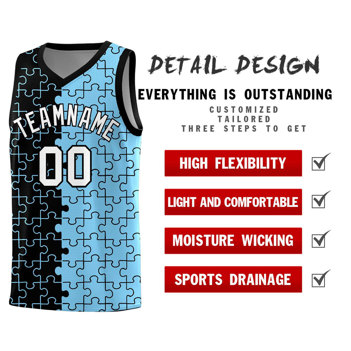 Custom Youth Basketball Jersey Black Light Blue Puzzle Pattern Add Name, Number &amp; Team Logo