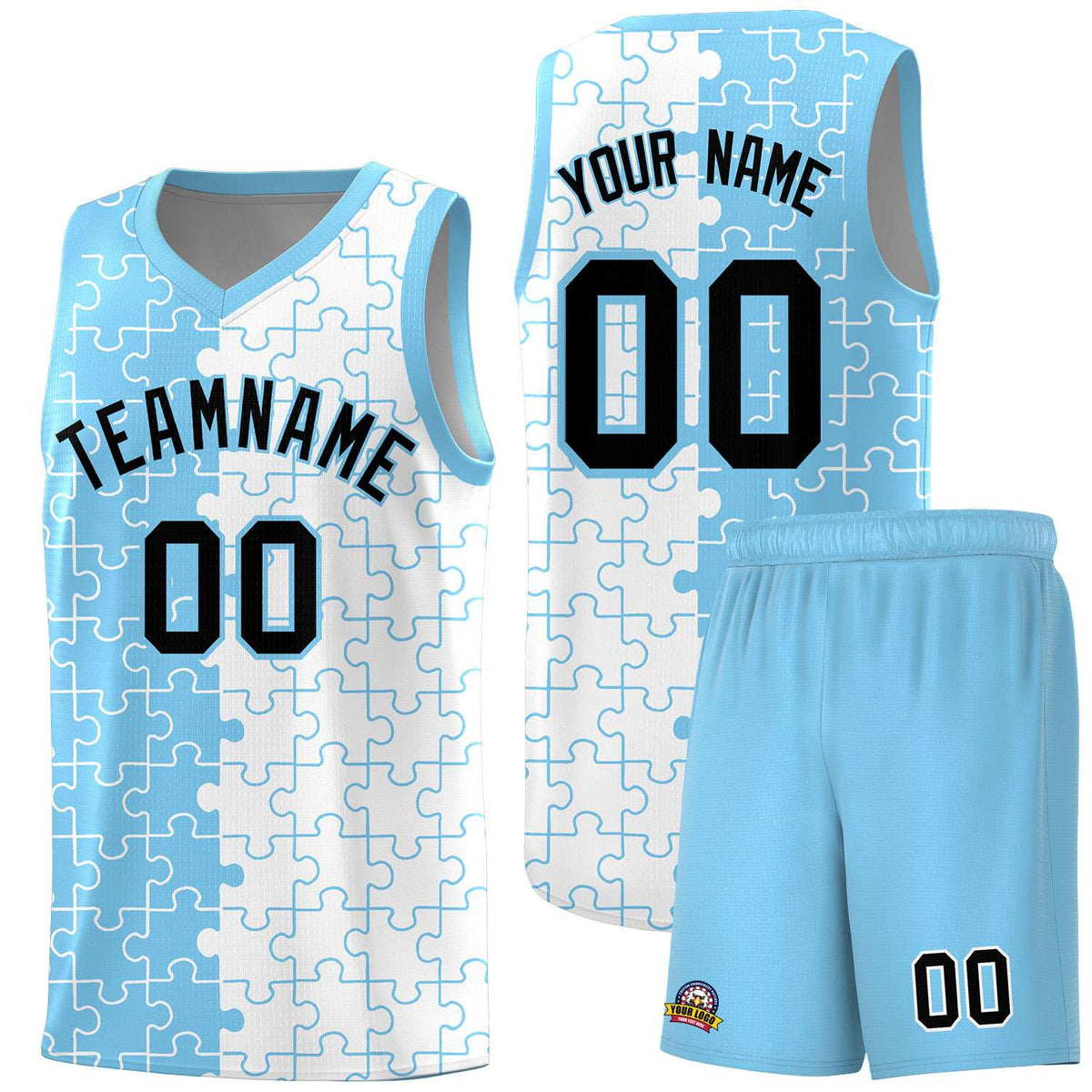 Custom Youth Basketball Jersey Light Blue White Puzzle Pattern Breathable Team Uniform