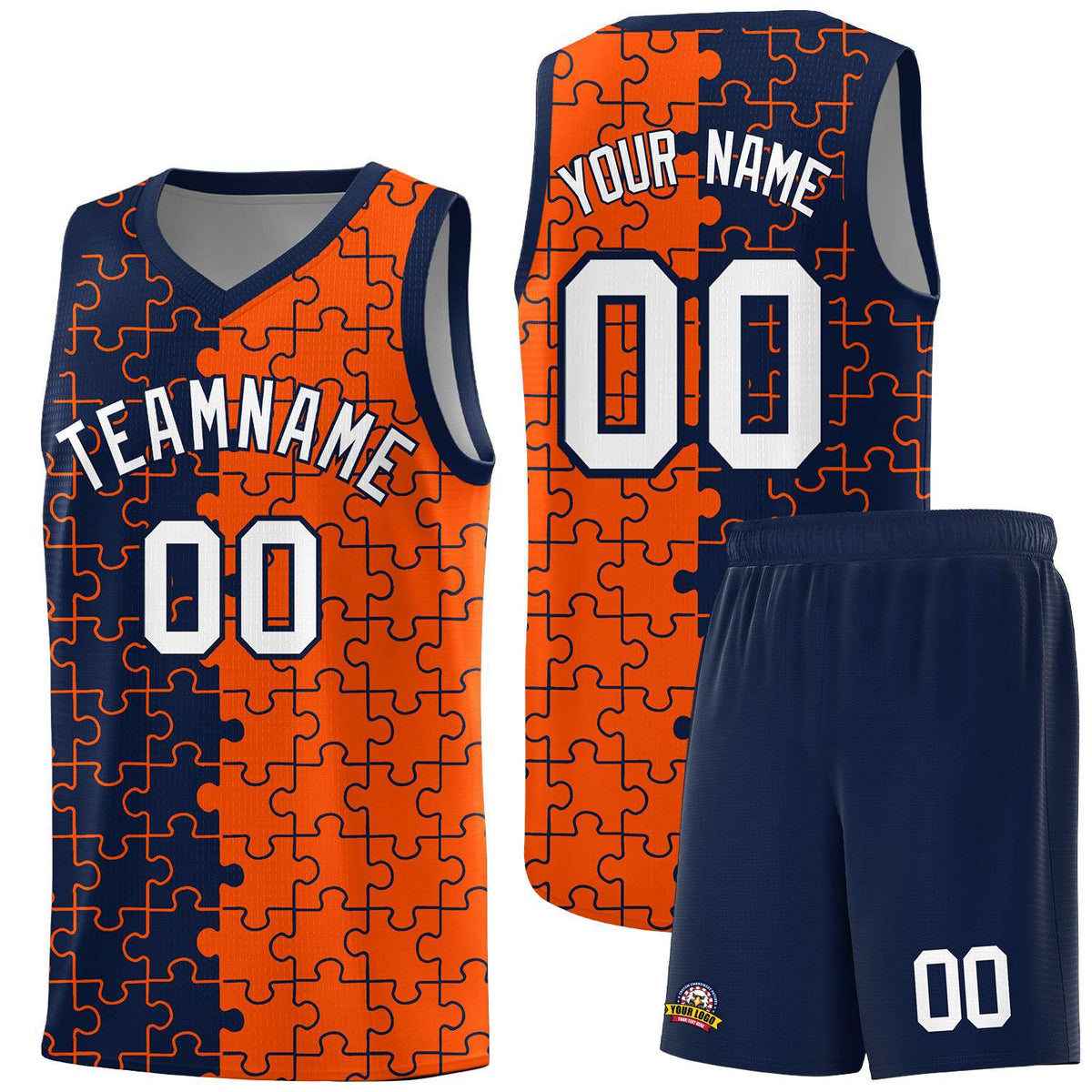 Custom Youth Basketball Jersey Navy Orange Puzzle Pattern Add Name, Number & Team Logo