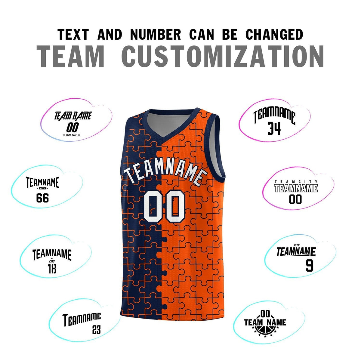 Custom Youth Basketball Jersey Navy Orange Puzzle Pattern Add Name, Number & Team Logo