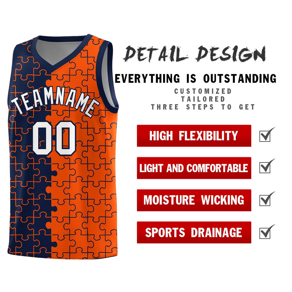Custom Youth Basketball Jersey Navy Orange Puzzle Pattern Add Name, Number & Team Logo