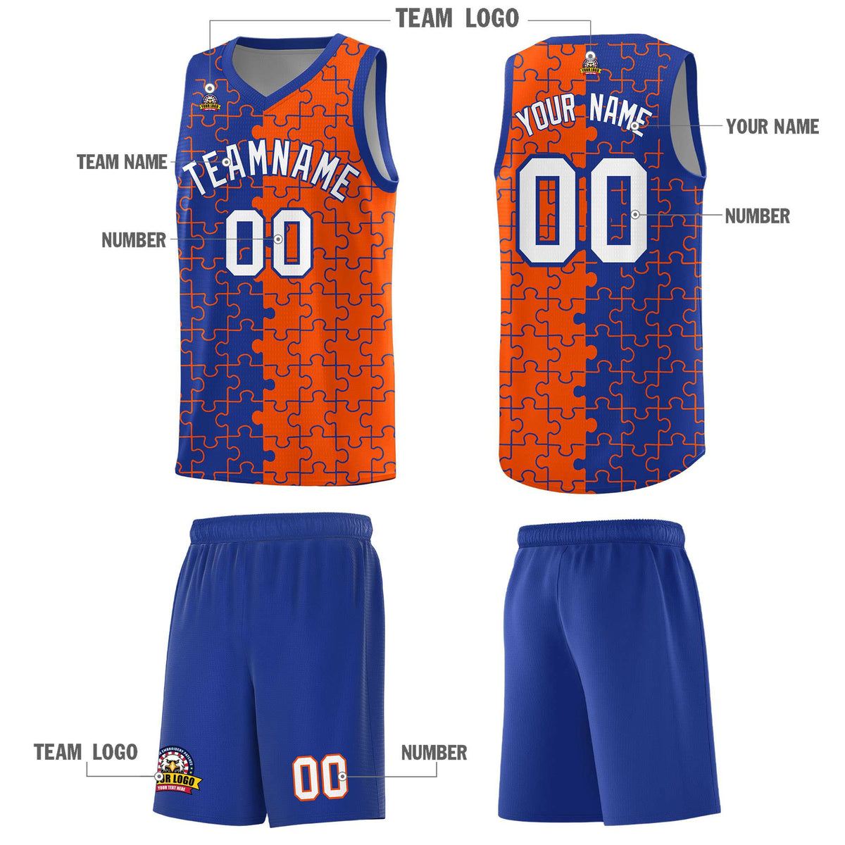 Custom Youth Basketball Jersey Royal Blue Orange Puzzle Pattern Breathable Team Uniform