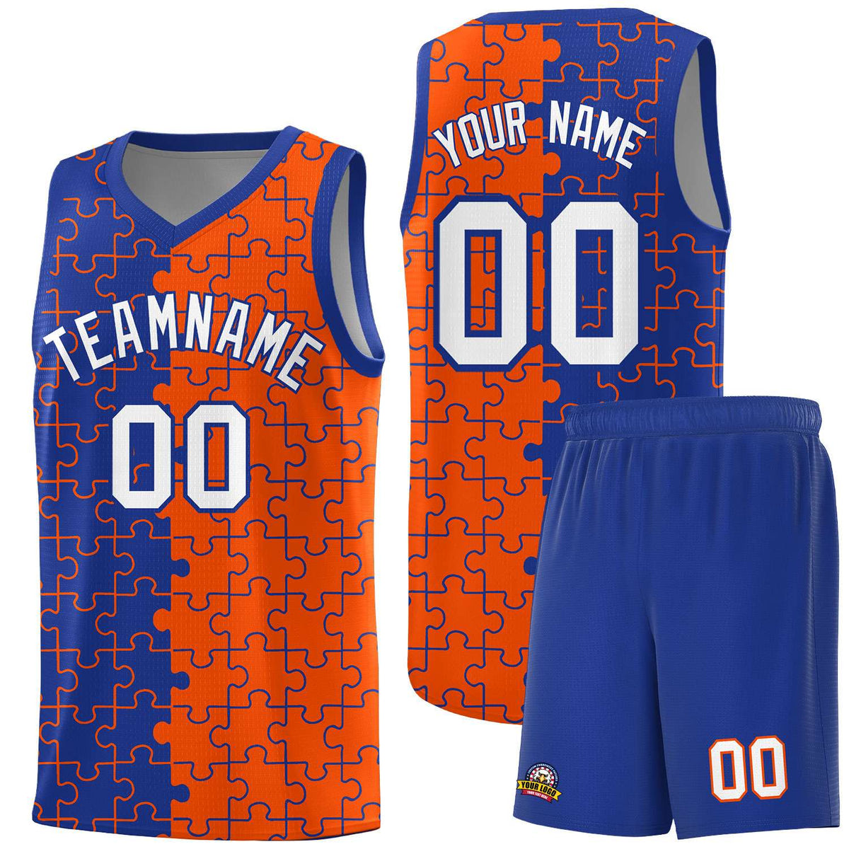 Custom Youth Basketball Jersey Royal Blue Orange Puzzle Pattern Breathable Team Uniform