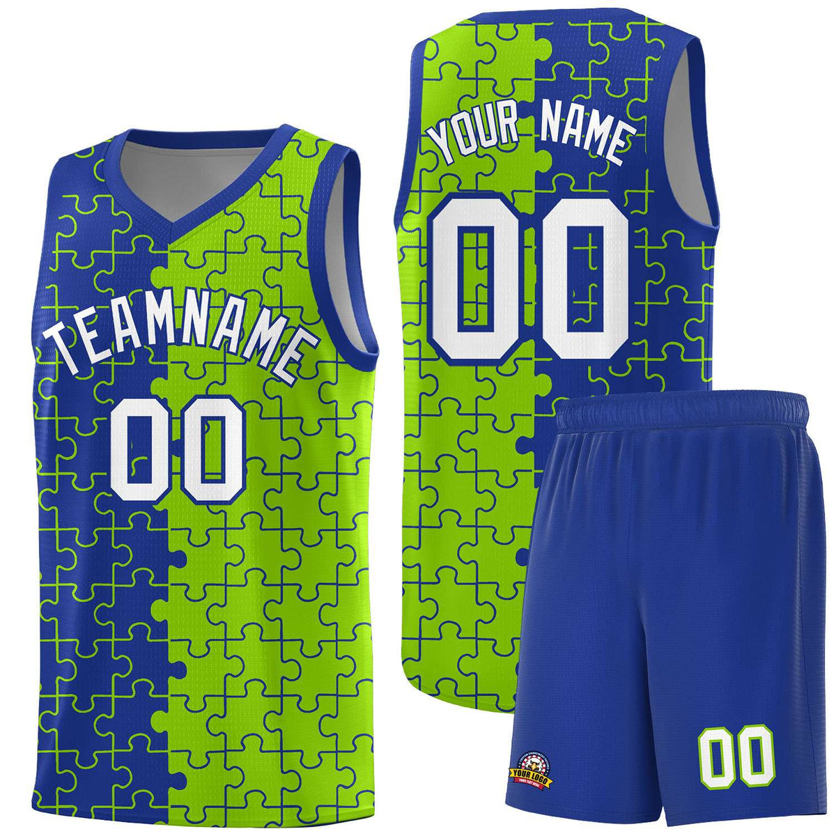 Custom Youth Basketball Jersey Royal Blue Neon Green Puzzle Pattern Moisture-Wicking Team Uniform