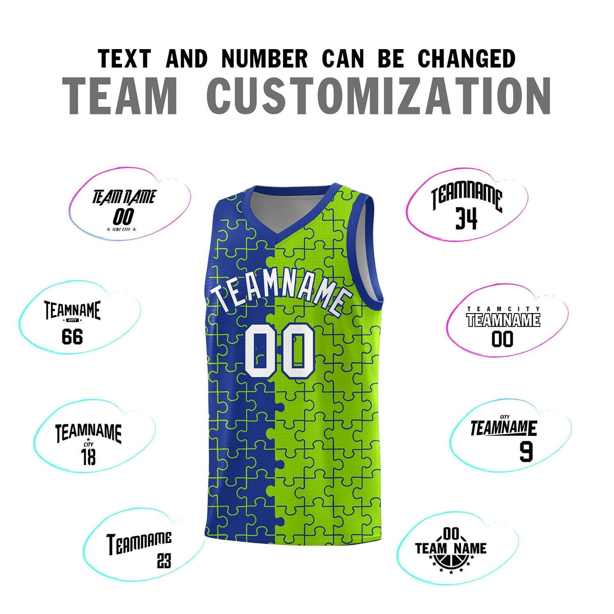 Custom Youth Basketball Jersey Royal Blue Neon Green Puzzle Pattern Moisture-Wicking Team Uniform
