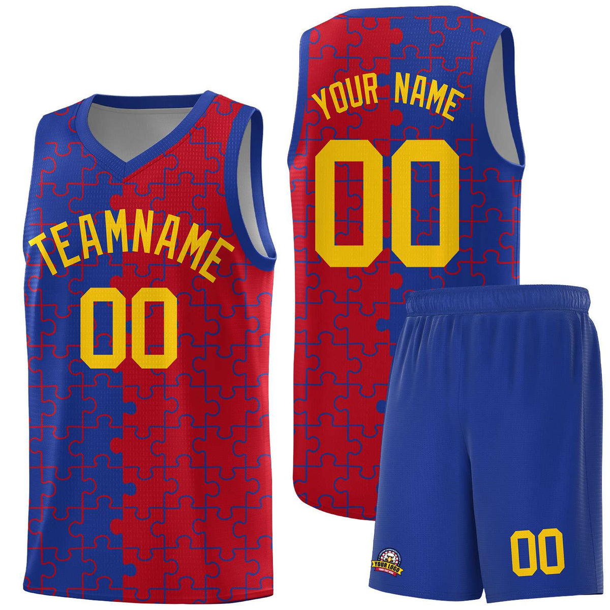 Custom Youth Basketball Jersey Royal Blue Red Puzzle Pattern Personalized Team Uniform