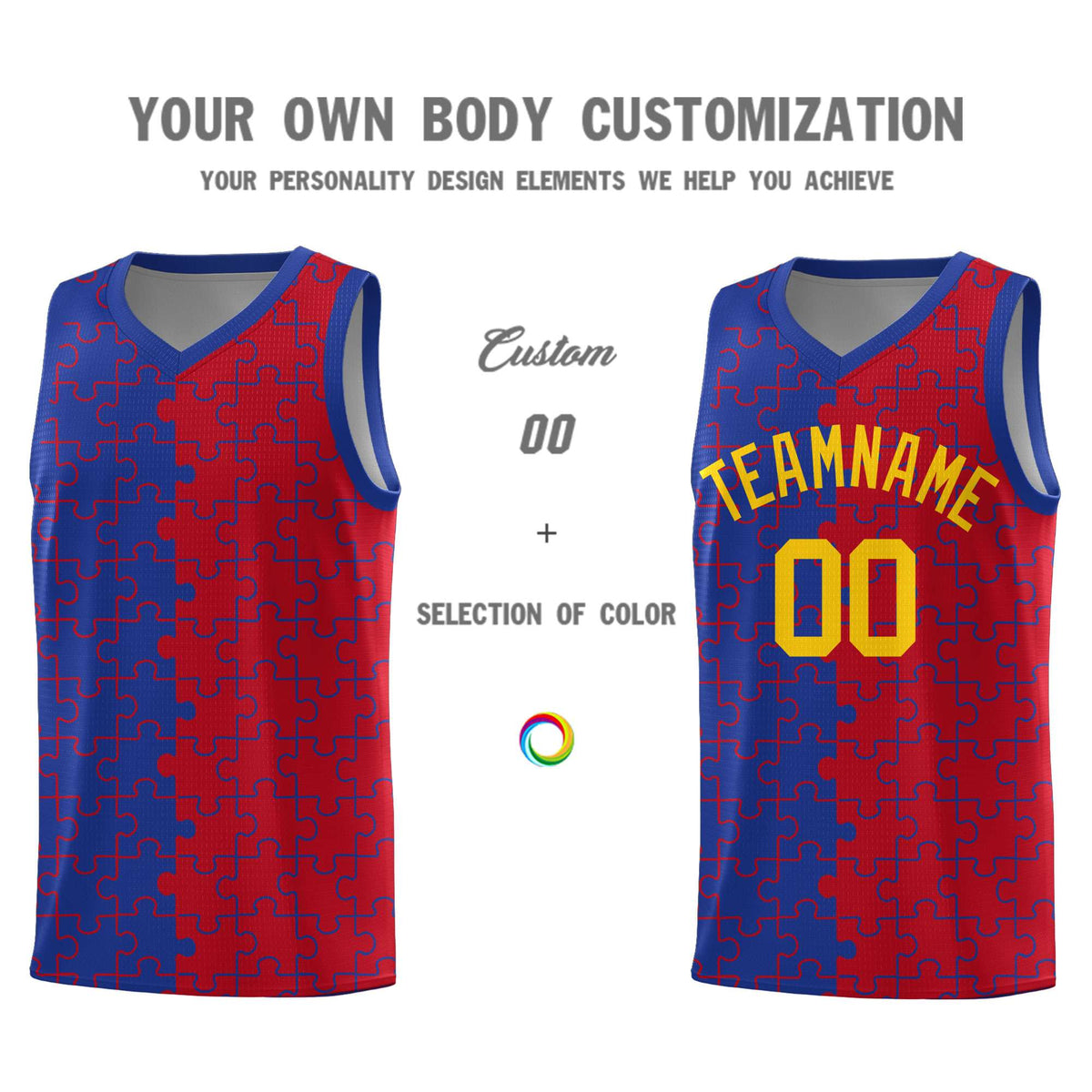Custom Youth Basketball Jersey Royal Blue Red Puzzle Pattern Personalized Team Uniform