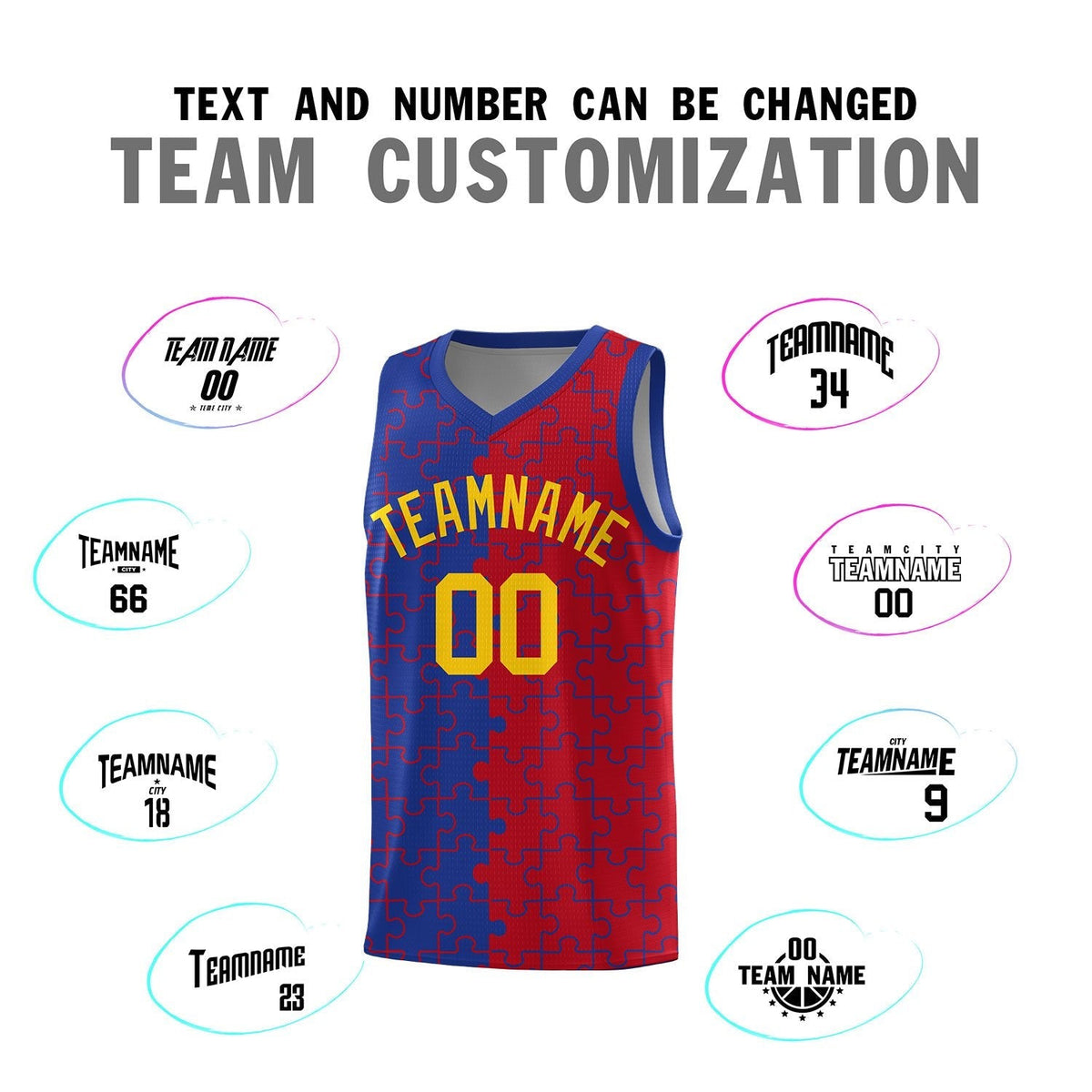 Custom Youth Basketball Jersey Royal Blue Red Puzzle Pattern Personalized Team Uniform