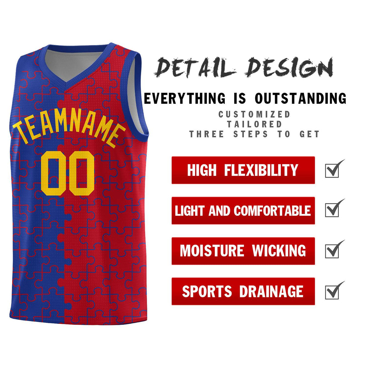 Custom Youth Basketball Jersey Royal Blue Red Puzzle Pattern Personalized Team Uniform