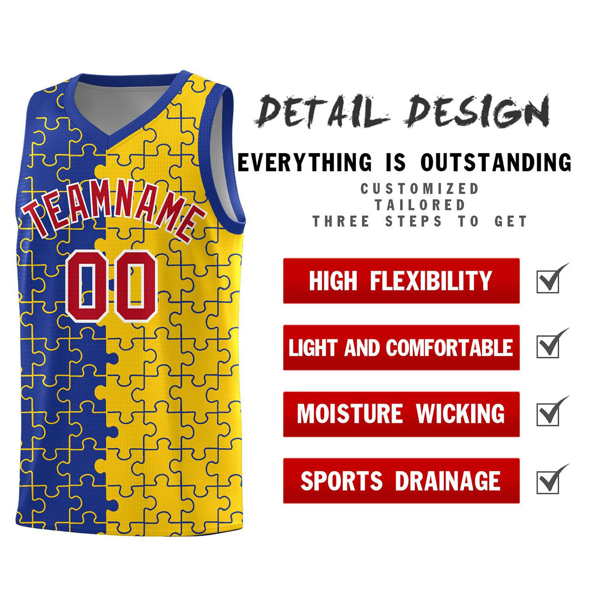 Custom Youth Basketball Jersey Royal Blue Gold Puzzle Pattern Add Name, Number &amp; Team Logo