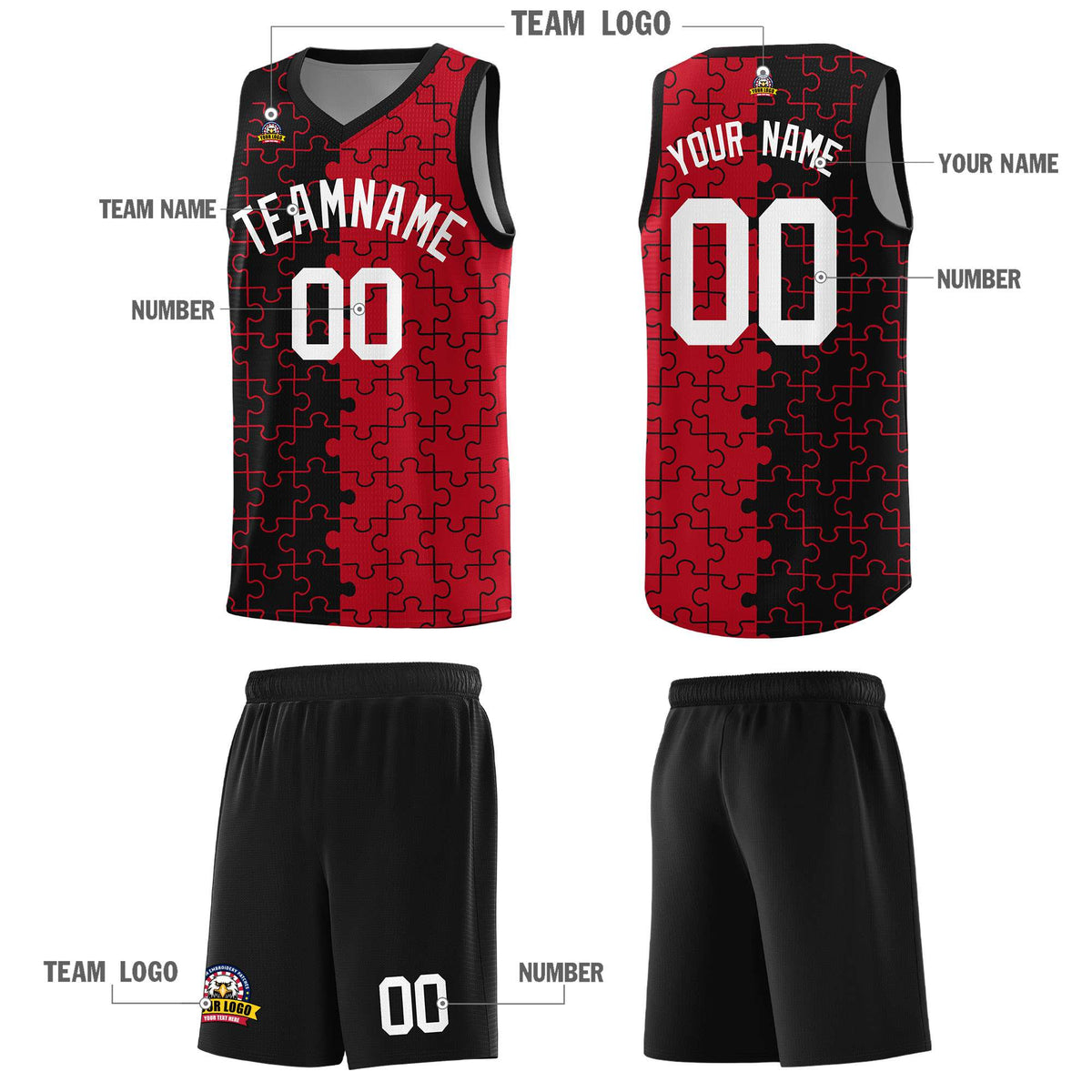 Custom Youth Basketball Jersey Black Red Puzzle Pattern Breathable Team Uniform