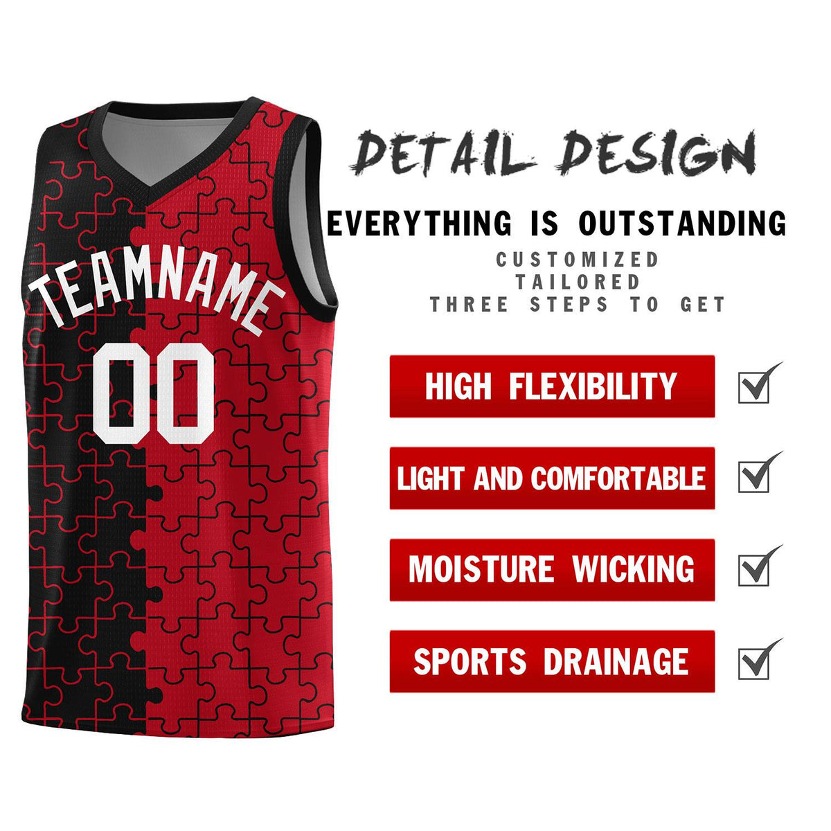 Custom Youth Basketball Jersey Black Red Puzzle Pattern Breathable Team Uniform