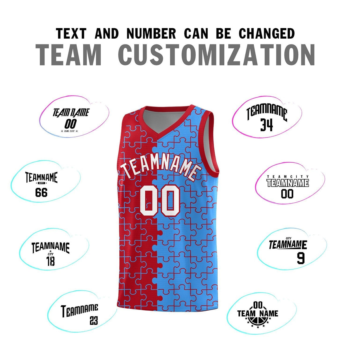 Custom Youth Basketball Jersey Red Light Blue Puzzle Pattern Moisture-Wicking Team Uniform