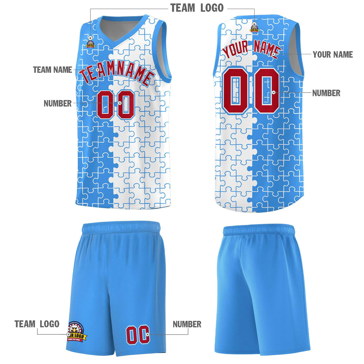 Custom Youth Basketball Jersey Light Blue White Puzzle Pattern Personalized Team Uniform
