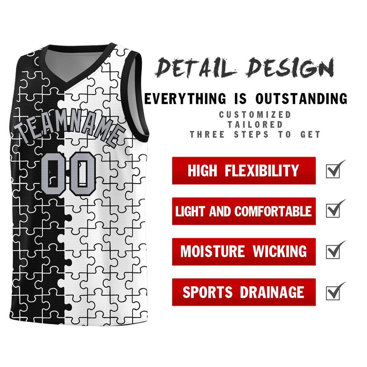 Custom Youth Basketball Jersey Black White Puzzle Pattern Breathable Team Uniform
