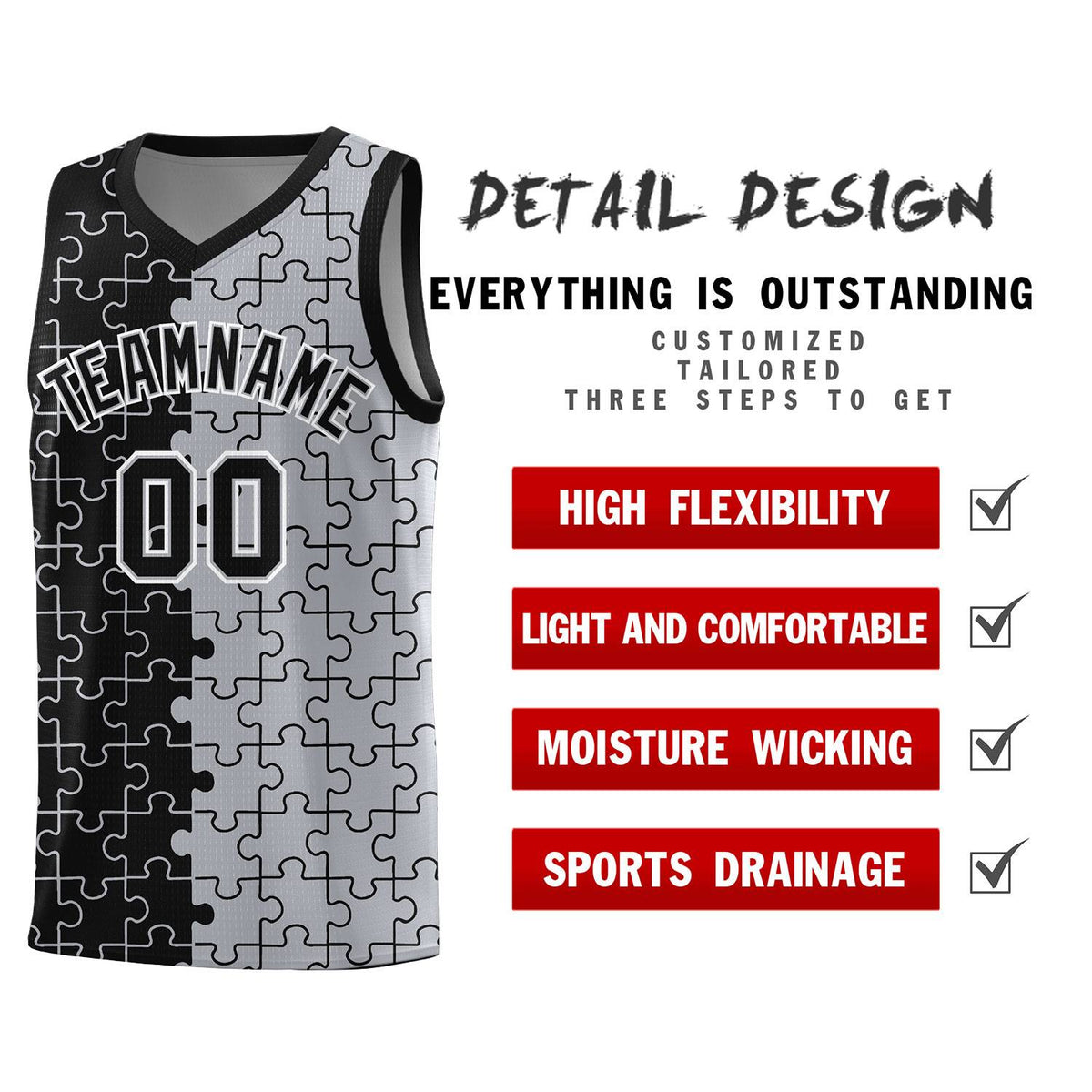 Custom Youth Basketball Jersey Black Gray Puzzle Pattern Moisture-Wicking Team Uniform