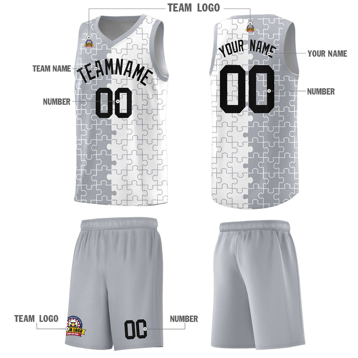 Custom Youth Basketball Jersey Gray White Puzzle Pattern Personalized Team Uniform