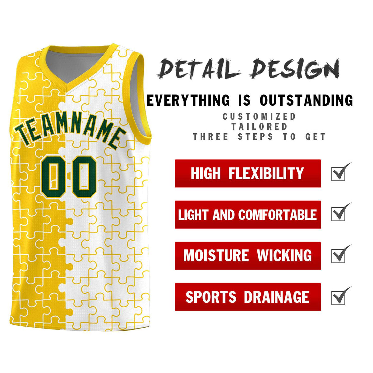 Custom Youth Basketball Jersey Gold White Puzzle Pattern Add Name, Number &amp; Team Logo