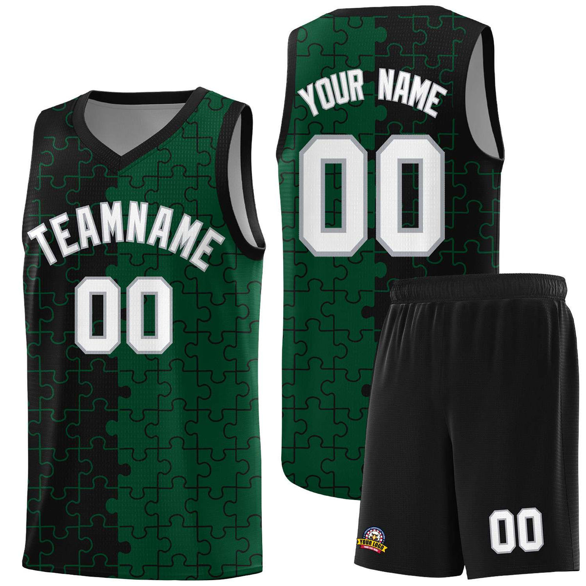 Custom Youth Basketball Jersey Black Green Puzzle Pattern Breathable Team Uniform