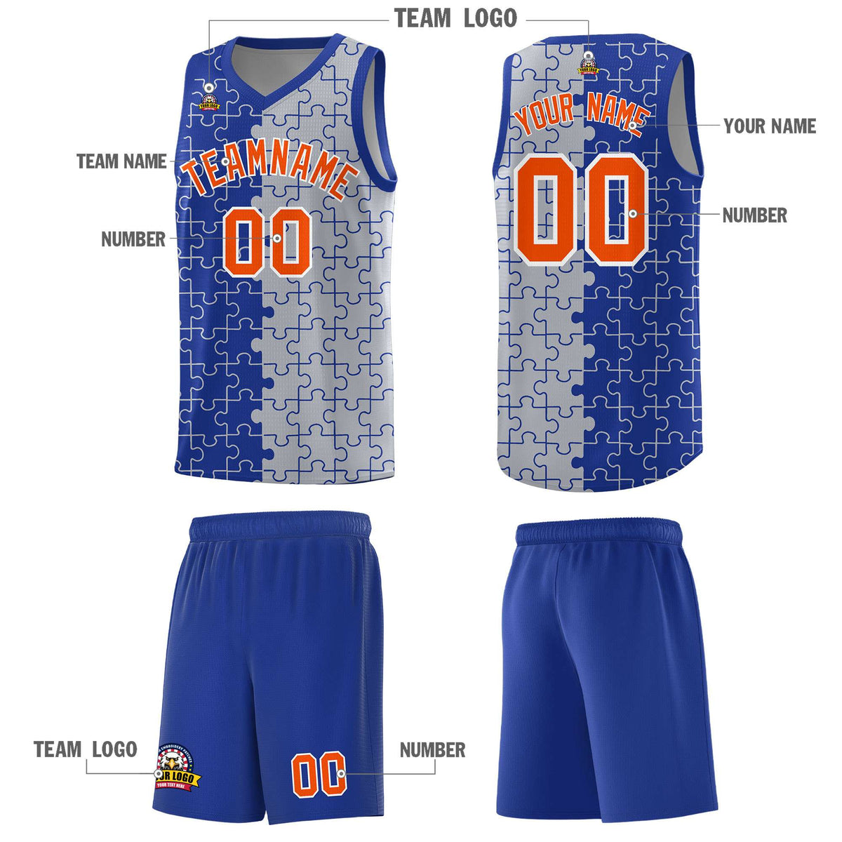 Custom Youth Basketball Jersey Royal Blue Gray Puzzle Pattern Moisture-Wicking Team Uniform