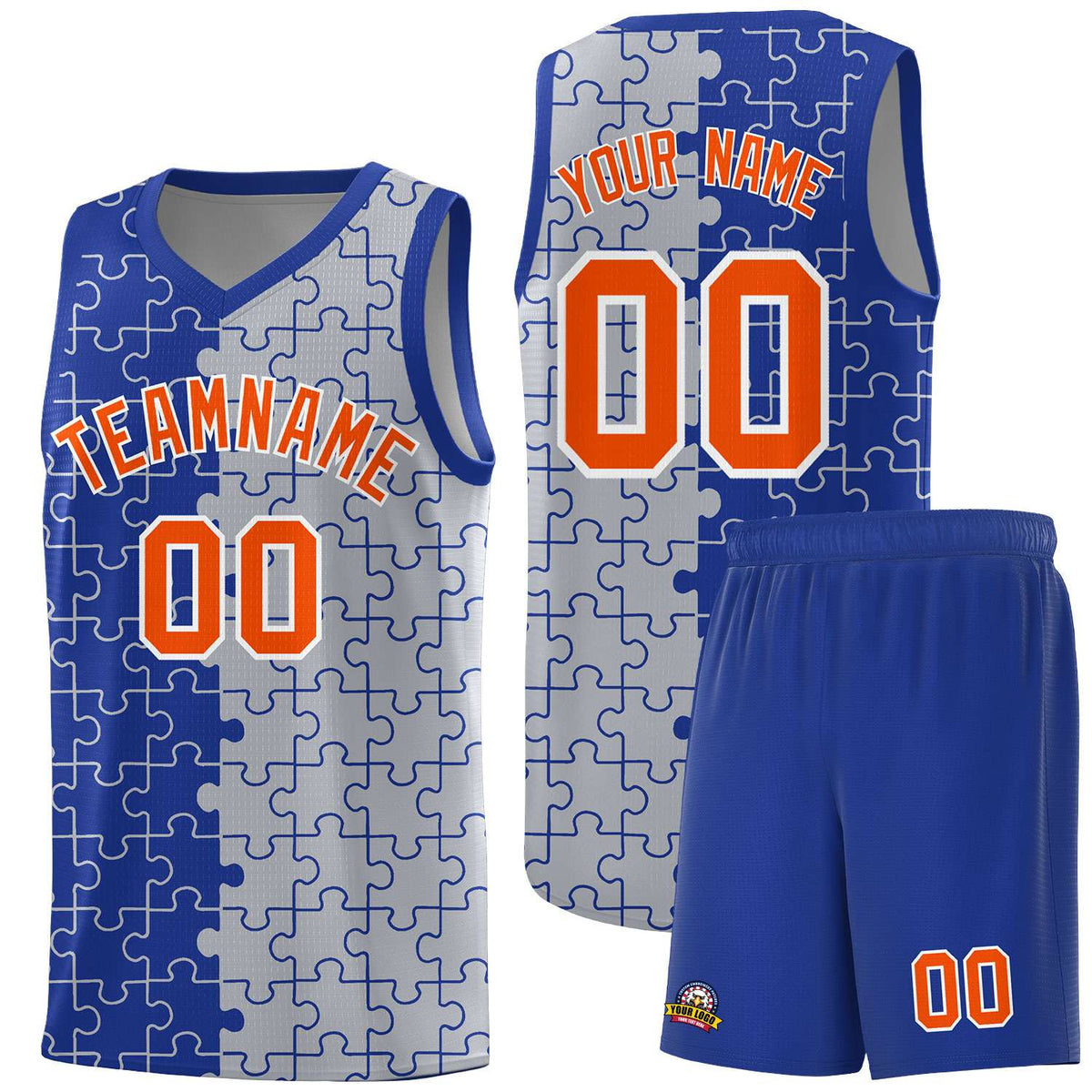 Custom Youth Basketball Jersey Royal Blue Gray Puzzle Pattern Moisture-Wicking Team Uniform