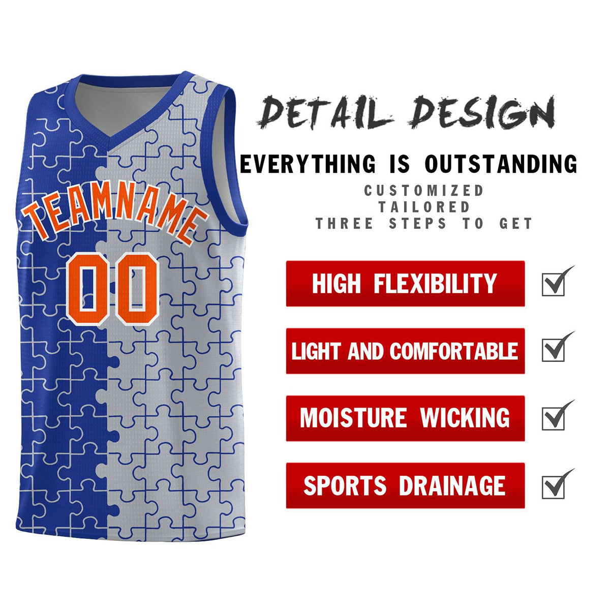 Custom Youth Basketball Jersey Royal Blue Gray Puzzle Pattern Moisture-Wicking Team Uniform