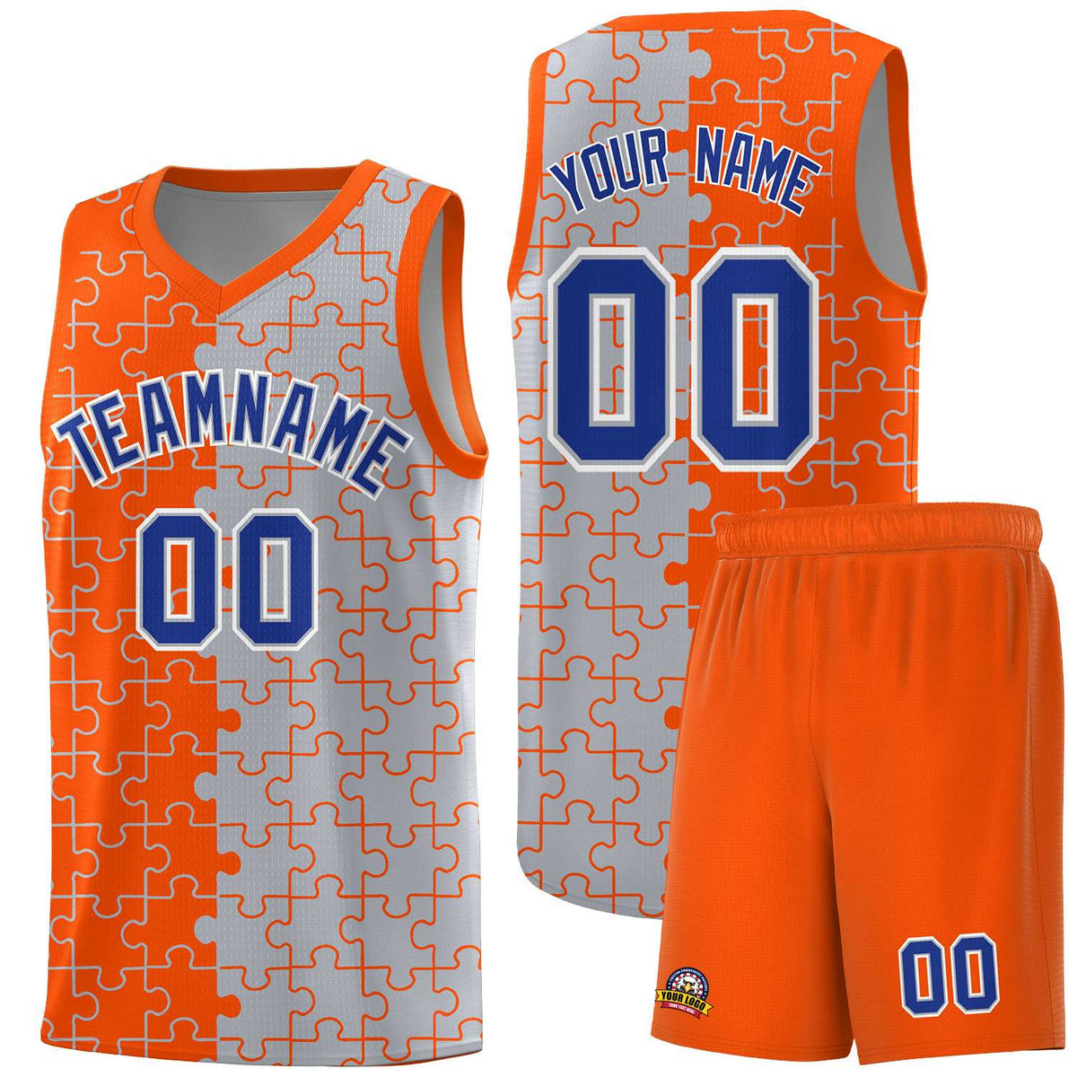 Custom Youth Basketball Jersey Orange Gray Puzzle Pattern Personalized Team Uniform