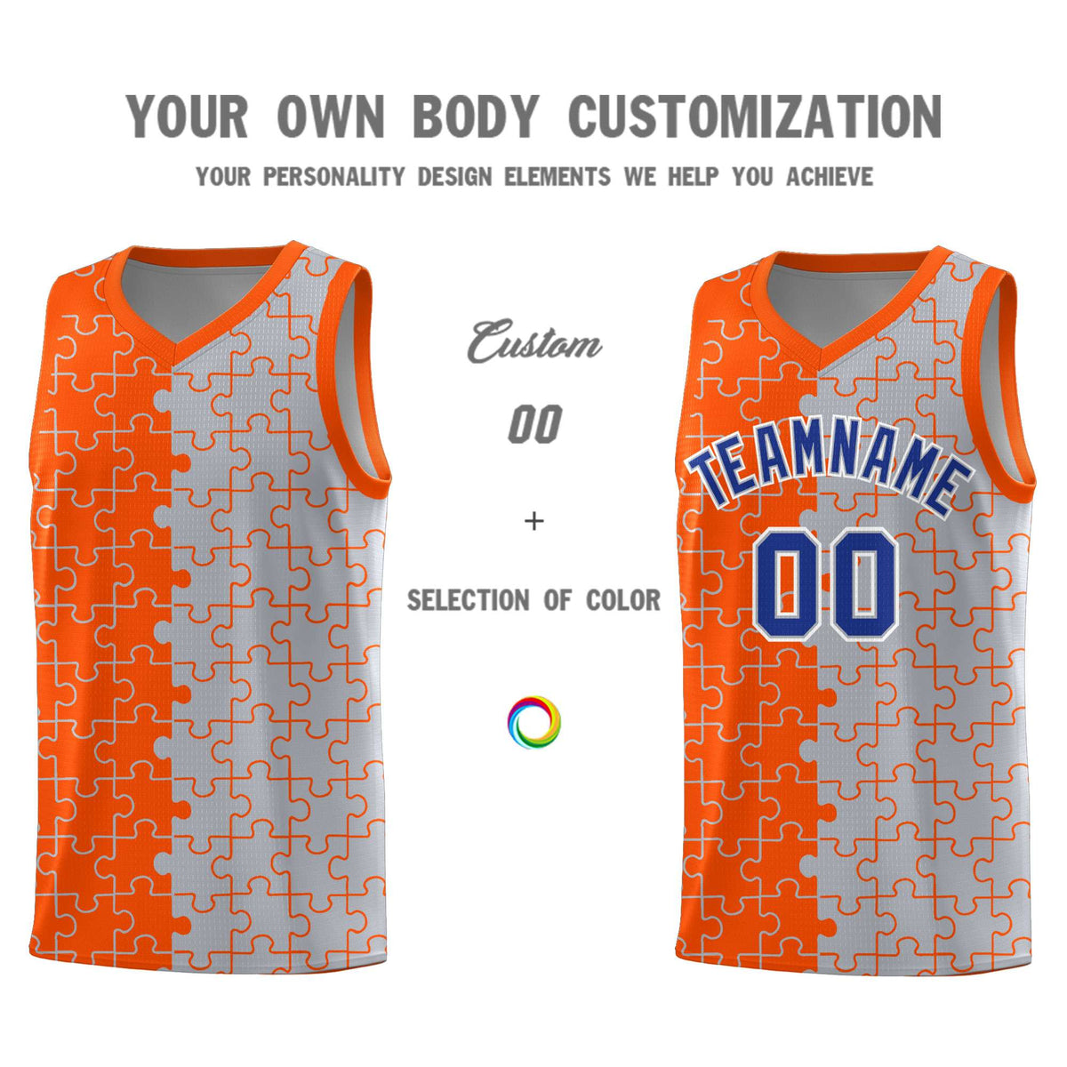 Custom Youth Basketball Jersey Orange Gray Puzzle Pattern Personalized Team Uniform