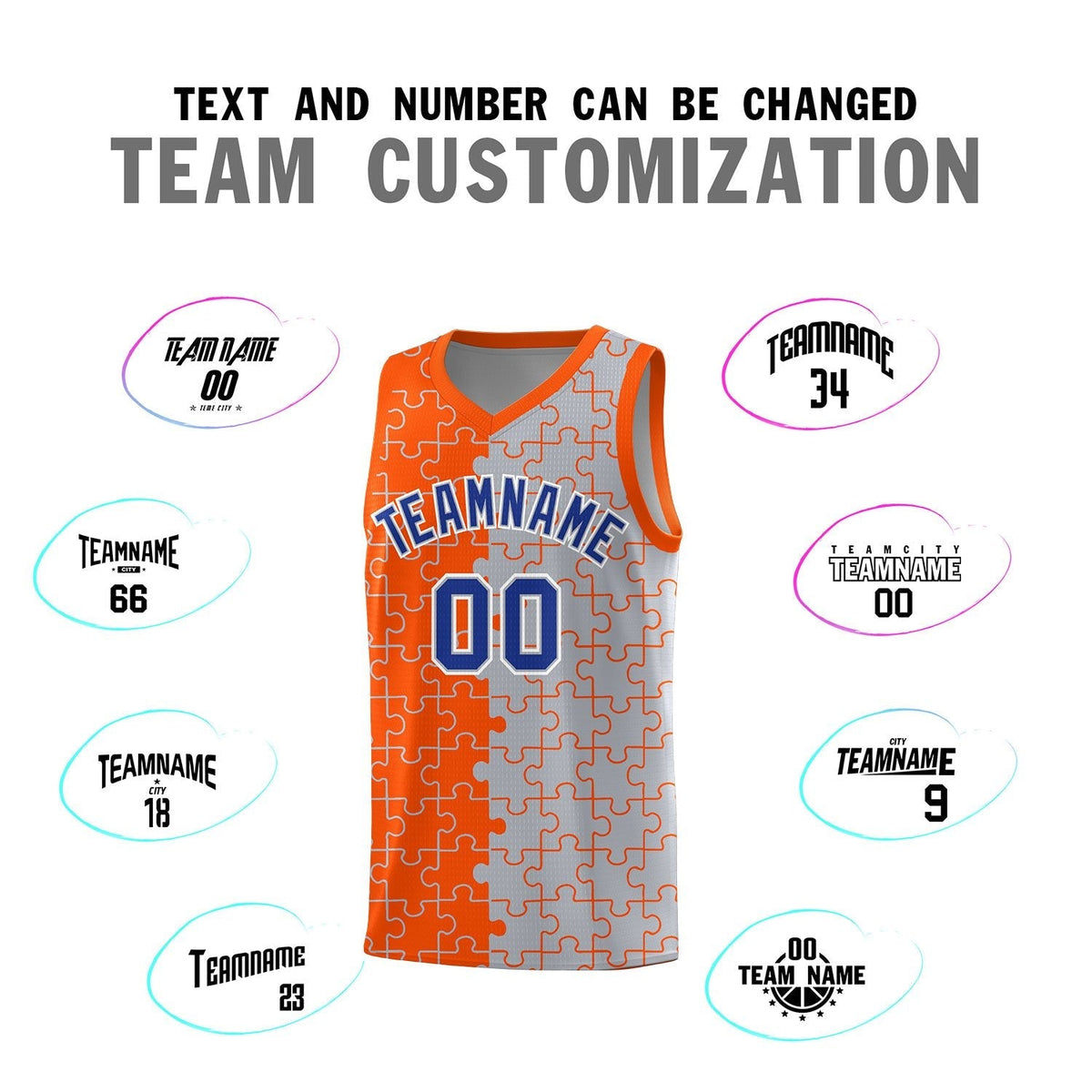 Custom Youth Basketball Jersey Orange Gray Puzzle Pattern Personalized Team Uniform