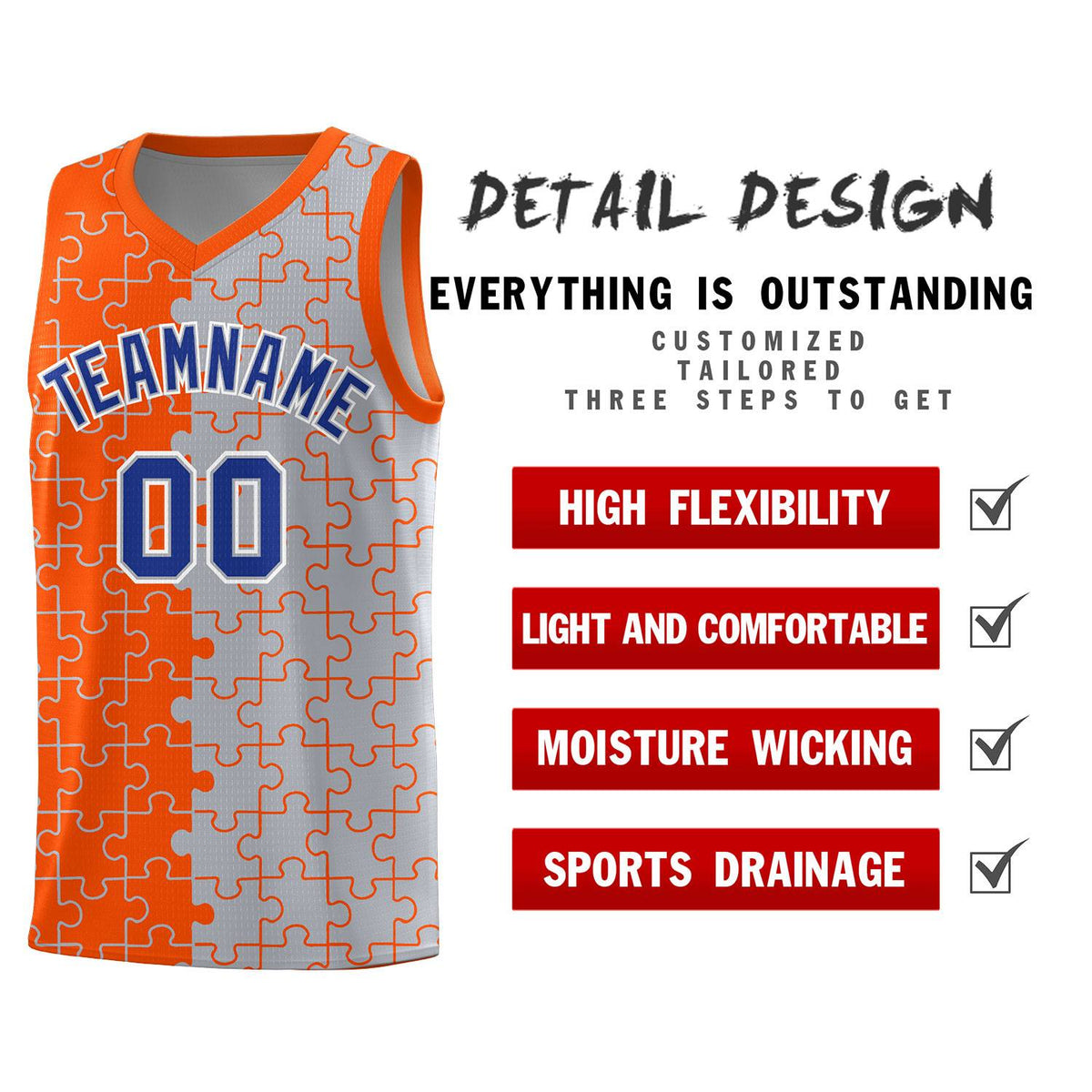 Custom Youth Basketball Jersey Orange Gray Puzzle Pattern Personalized Team Uniform