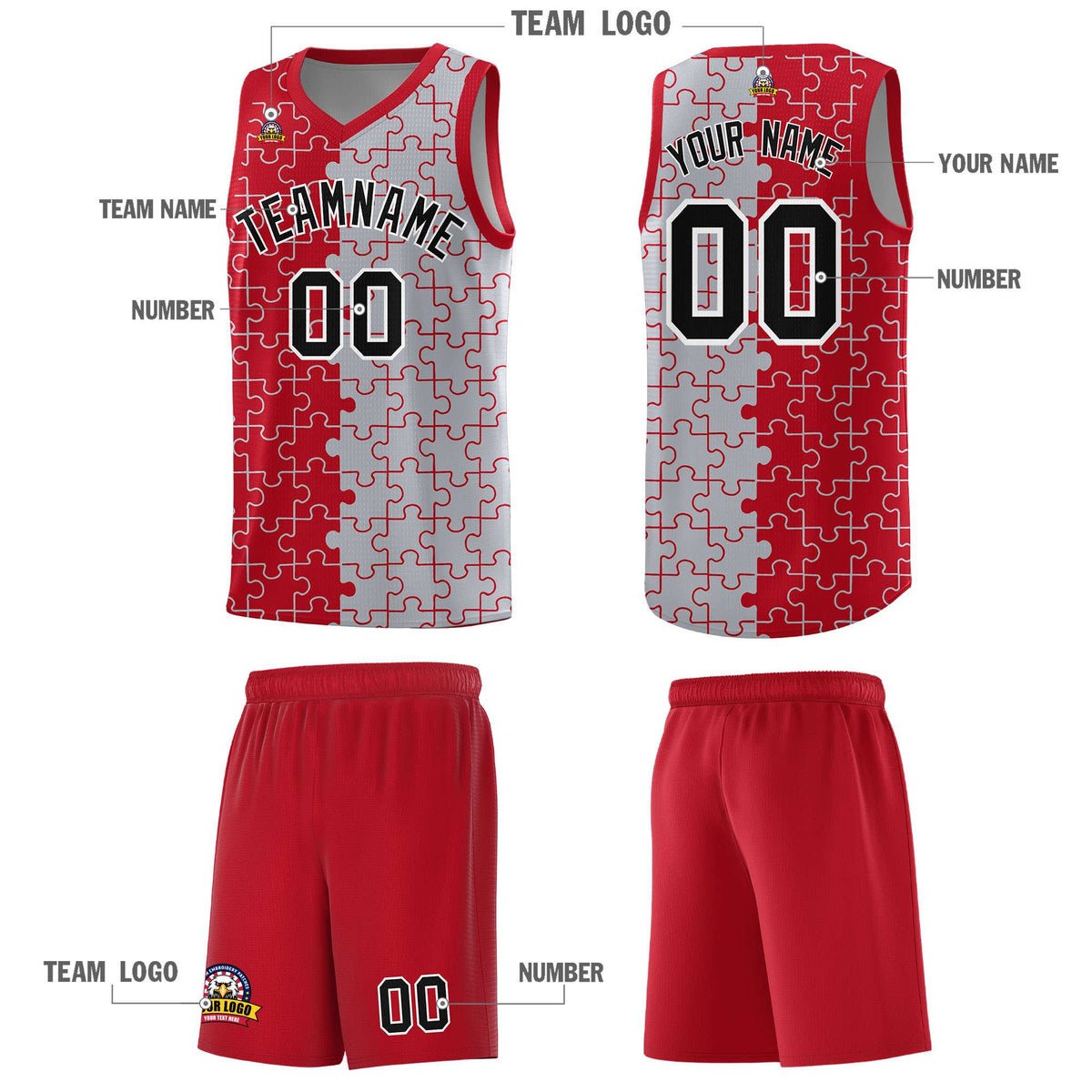 Custom Youth Basketball Jersey Red Gray Puzzle Pattern Add Name, Number &amp; Team Logo