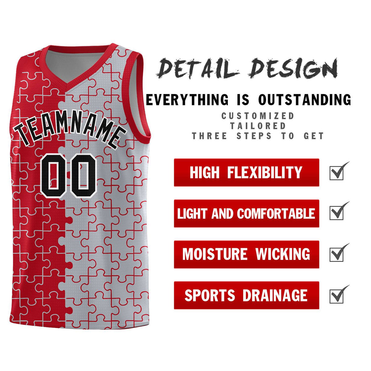 Custom Youth Basketball Jersey Red Gray Puzzle Pattern Add Name, Number &amp; Team Logo