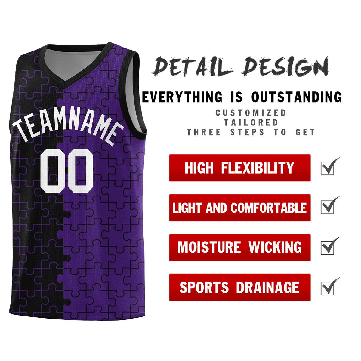 Custom Youth Basketball Jersey Black Purple Puzzle Pattern Moisture-Wicking Team Uniform