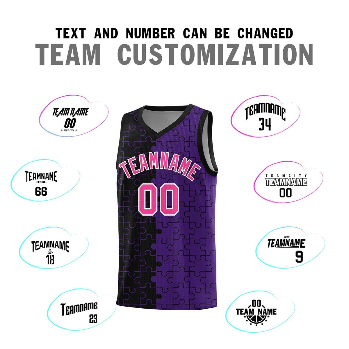 Custom Youth Basketball Jersey Black Purple Puzzle Pattern Personalized Team Uniform