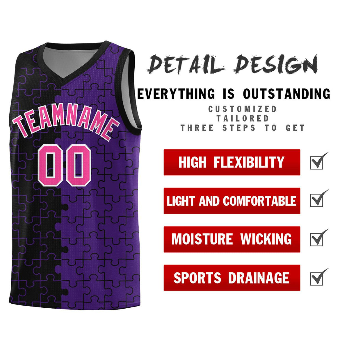 Custom Youth Basketball Jersey Black Purple Puzzle Pattern Personalized Team Uniform
