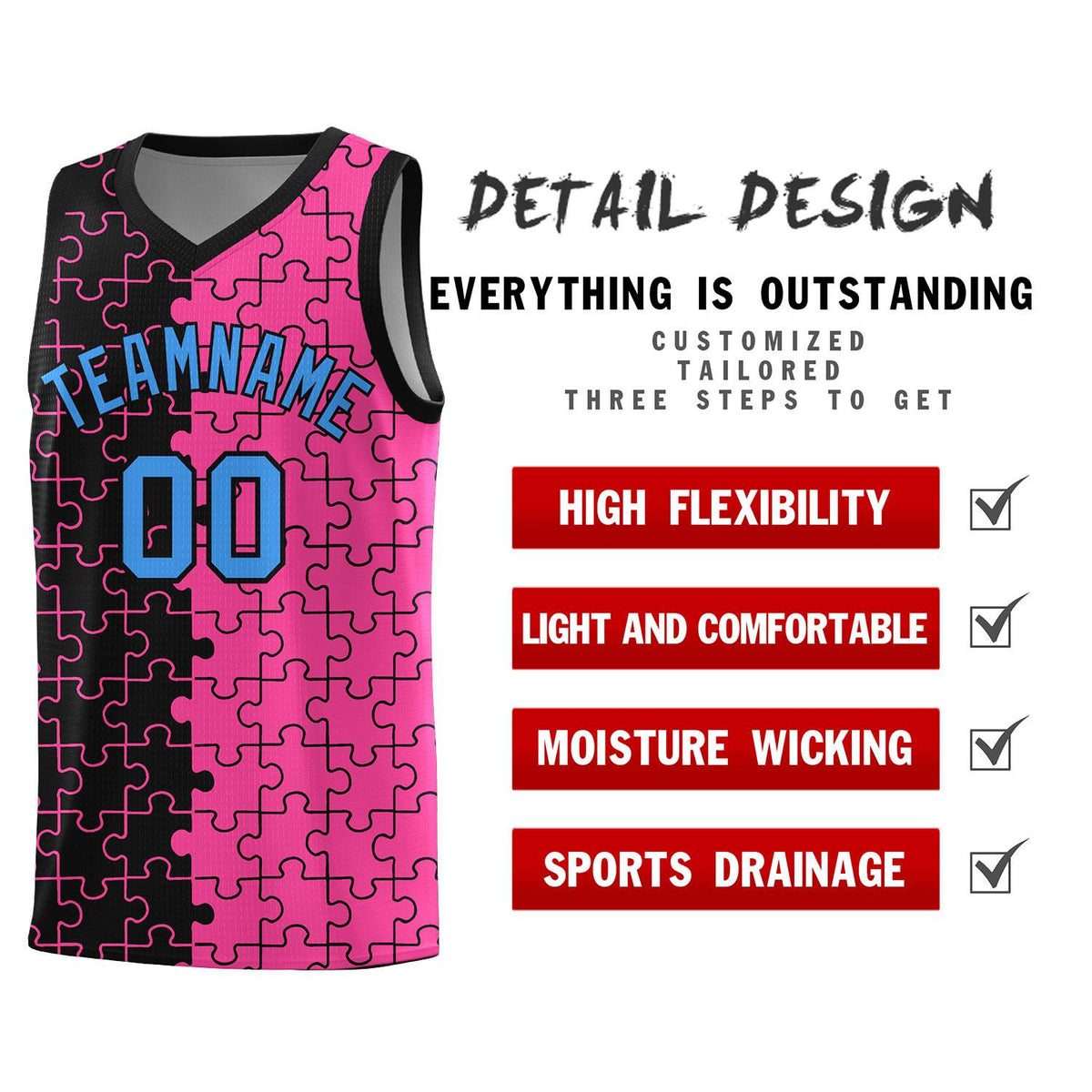 Custom Youth Basketball Jersey Black Pink Puzzle Pattern Add Name, Number &amp; Team Logo