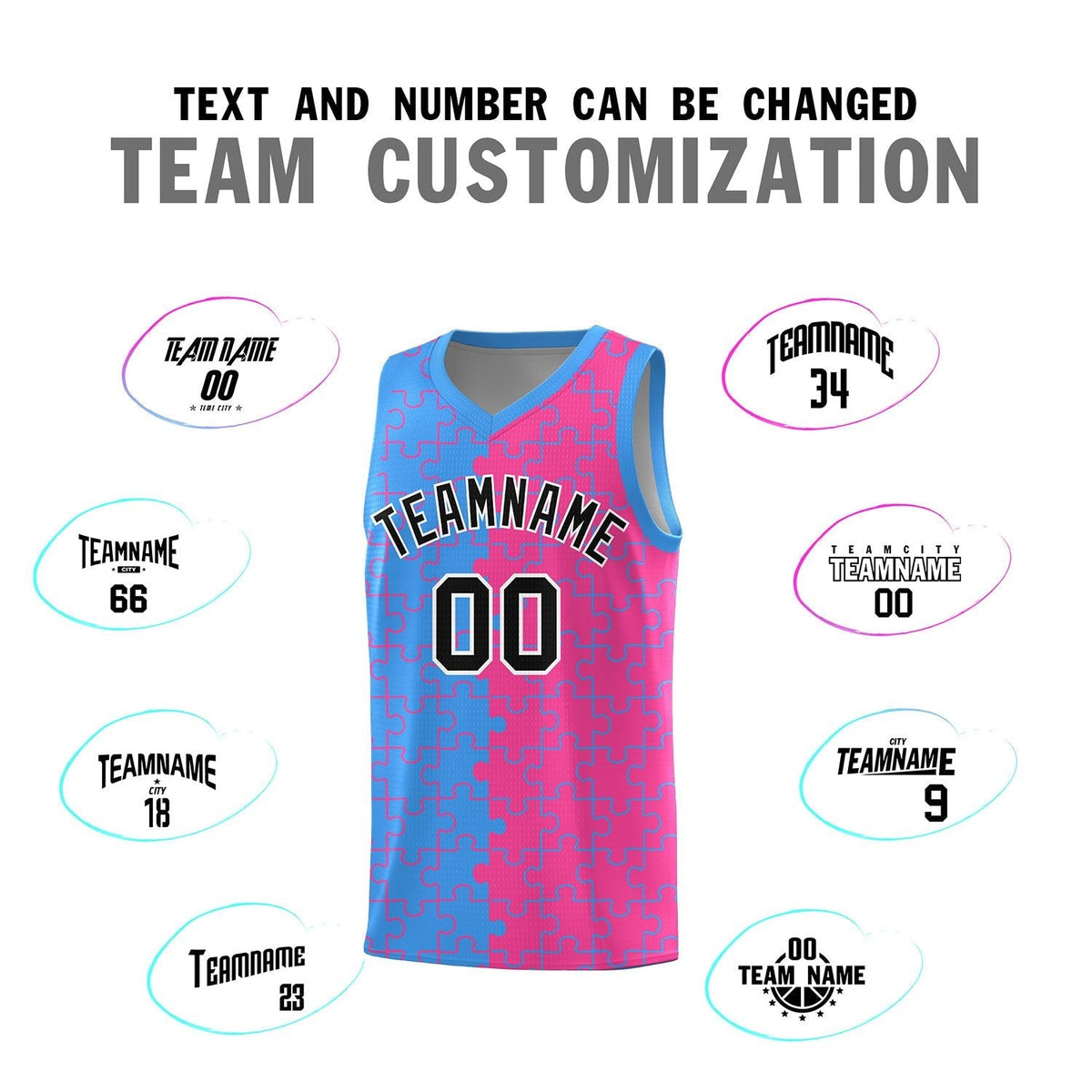 Custom Youth Basketball Jersey Light Blue Pink Puzzle Pattern Breathable Team Uniform