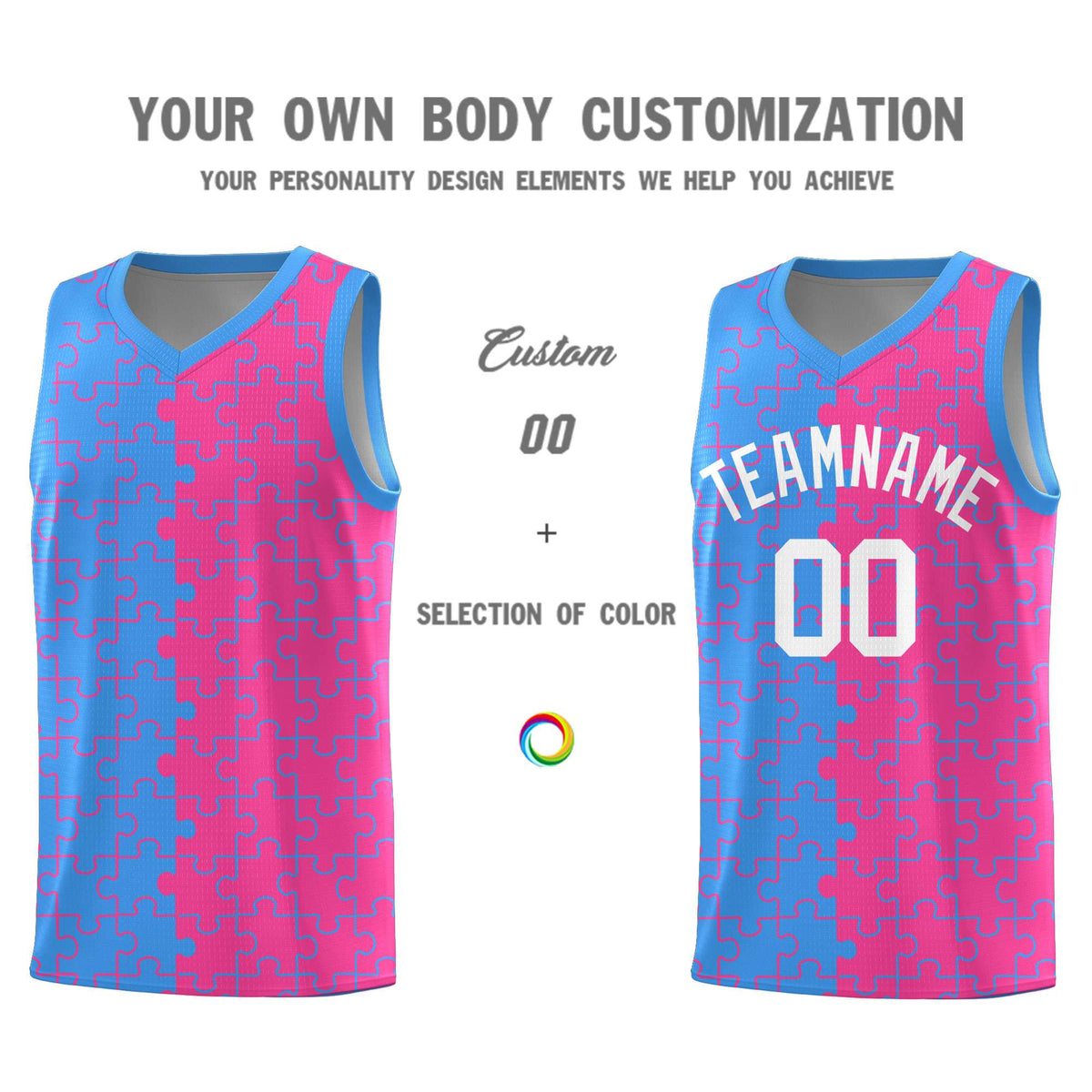 Custom Youth Basketball Jersey Light Blue Pink Puzzle Pattern Moisture-Wicking Team Uniform