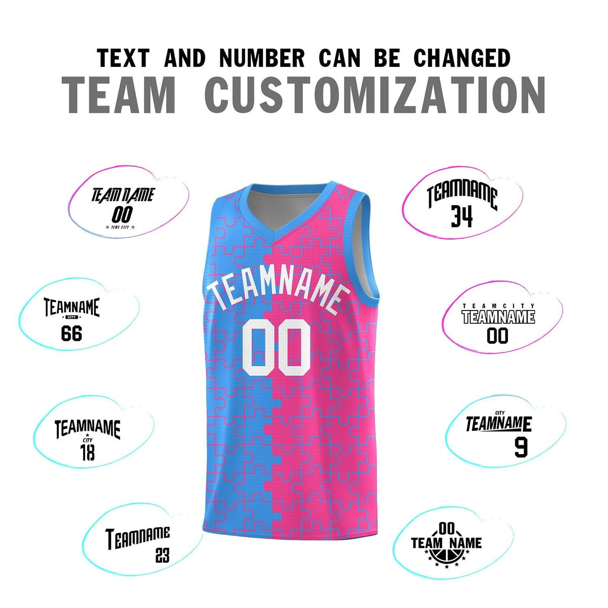 Custom Youth Basketball Jersey Light Blue Pink Puzzle Pattern Moisture-Wicking Team Uniform