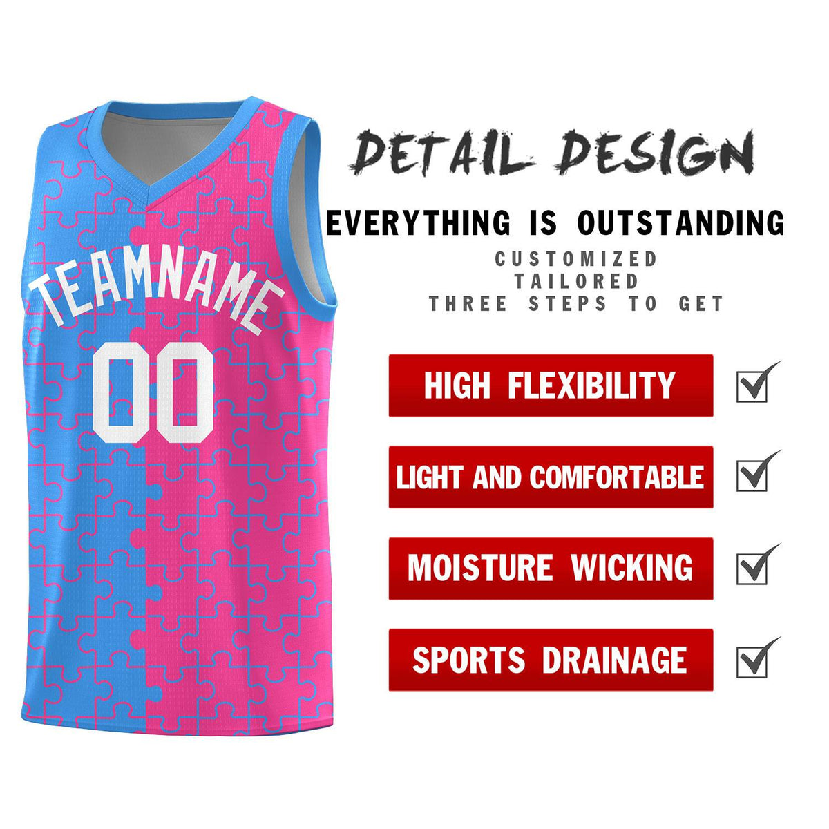 Custom Youth Basketball Jersey Light Blue Pink Puzzle Pattern Moisture-Wicking Team Uniform