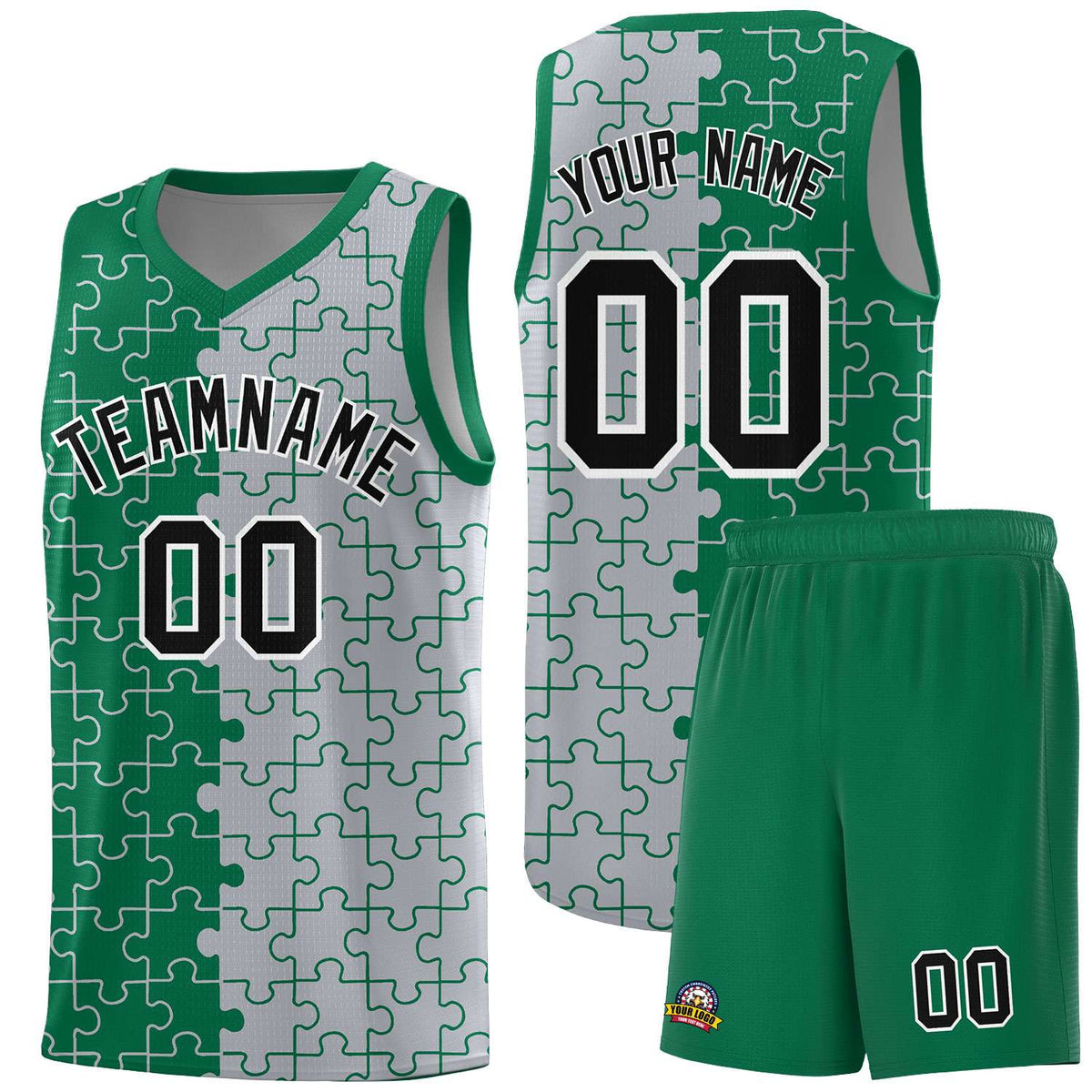 Custom Youth Basketball Jersey Kelly Green Gray Puzzle Pattern Add Name, Number &amp; Team Logo