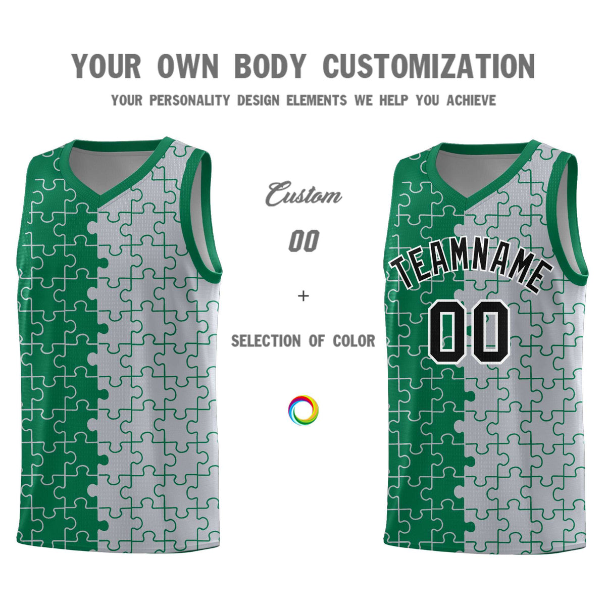 Custom Youth Basketball Jersey Kelly Green Gray Puzzle Pattern Add Name, Number &amp; Team Logo