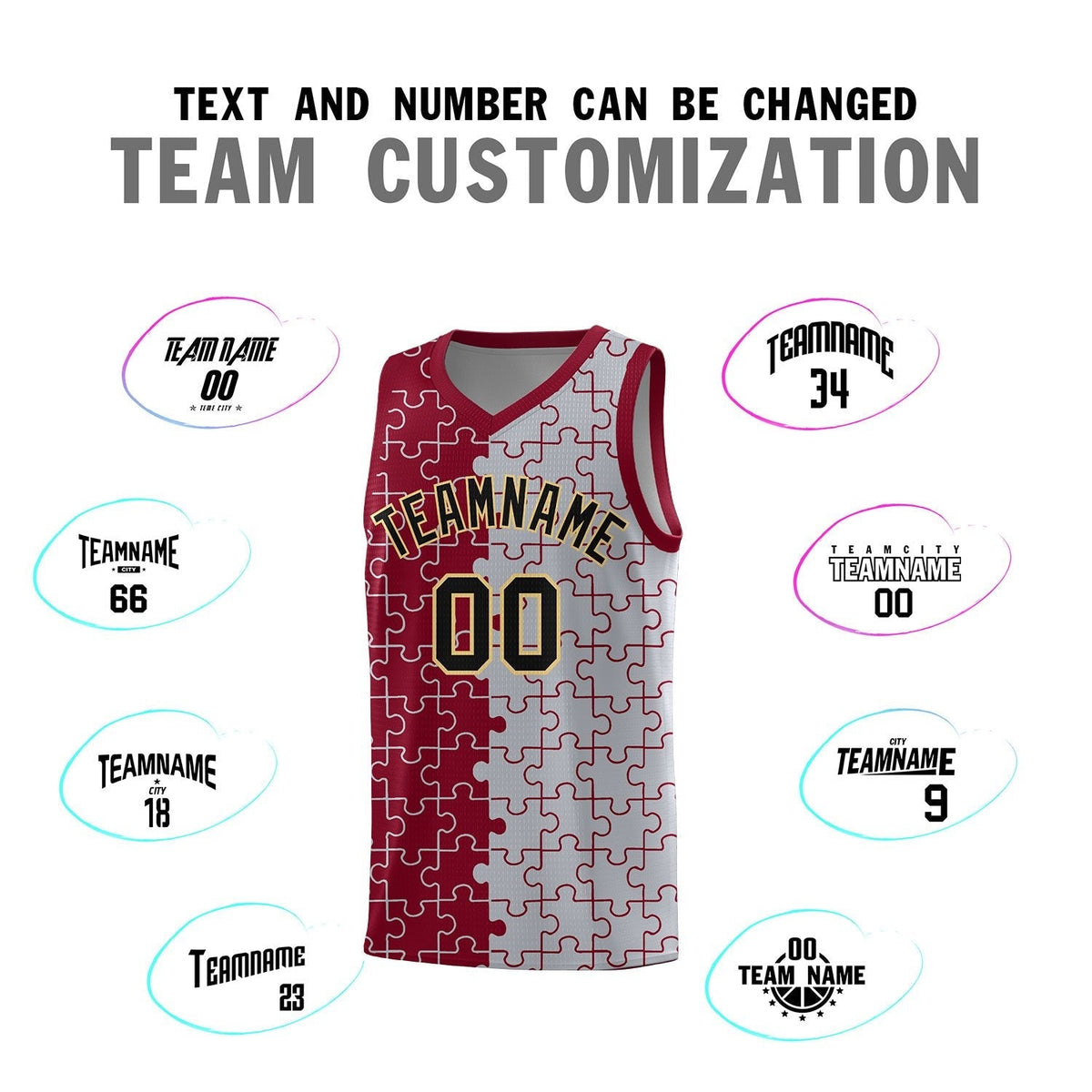 Custom Youth Basketball Jersey Crimson Gray Puzzle Pattern Moisture-Wicking Team Uniform